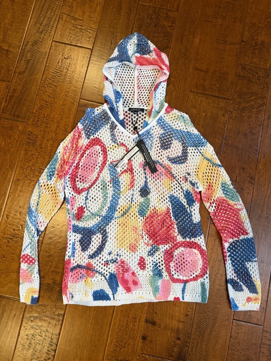 CHARLIE B Tops - CHARLIE B Hooded Mesh Sweater in Multicolor Abstract Print